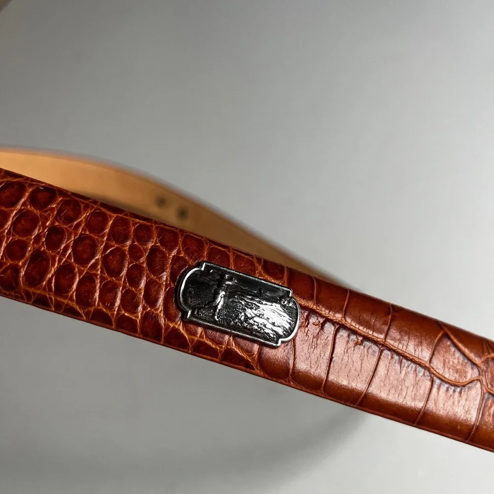 Genuine Italian Calfskin Cognac Croc Embossed Golf Concho Belt 38 Silver Buckle